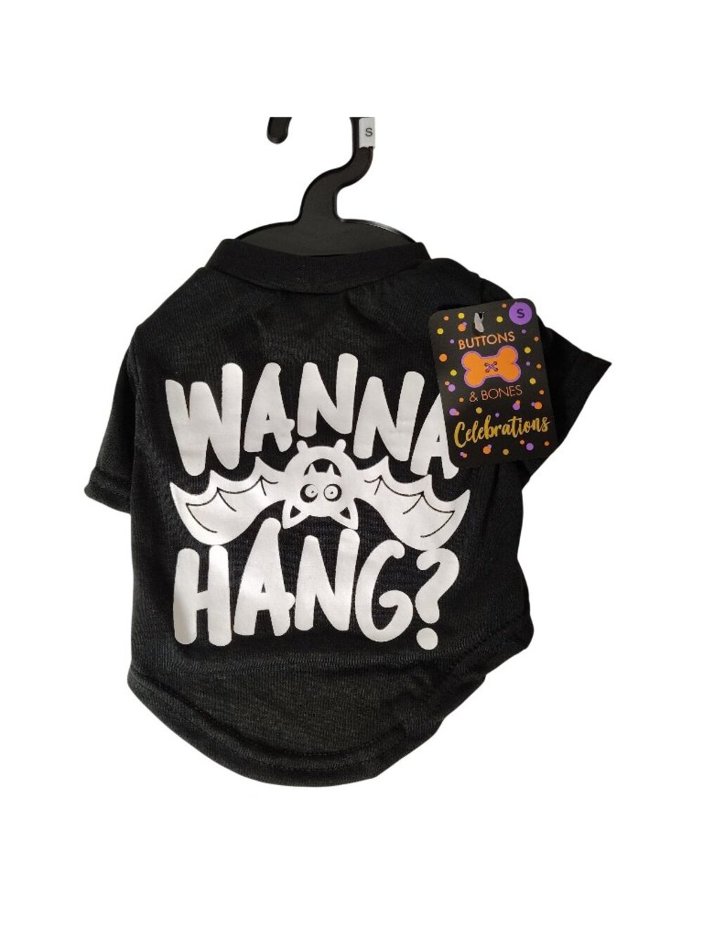 Buttons and Bone Dog Size S Halloween "Wanna Hang?" Black Graphic T-Shirt